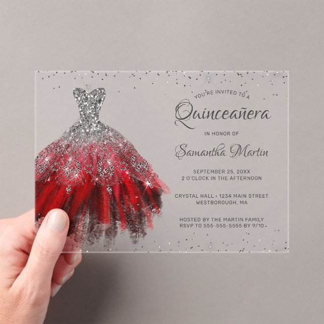 Red Silver Glitter Dress Script Quinceañera Party Acrylic Invitations (Insitu (Handheld))