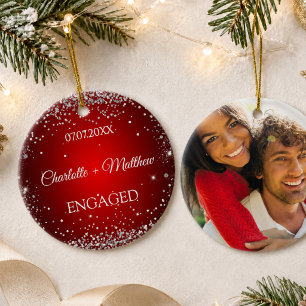 Red silver glitter engamement photo ceramic tree decoration