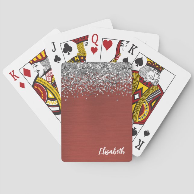 Red Silver Glitter Girly Monogram Name Playing Cards (Back)
