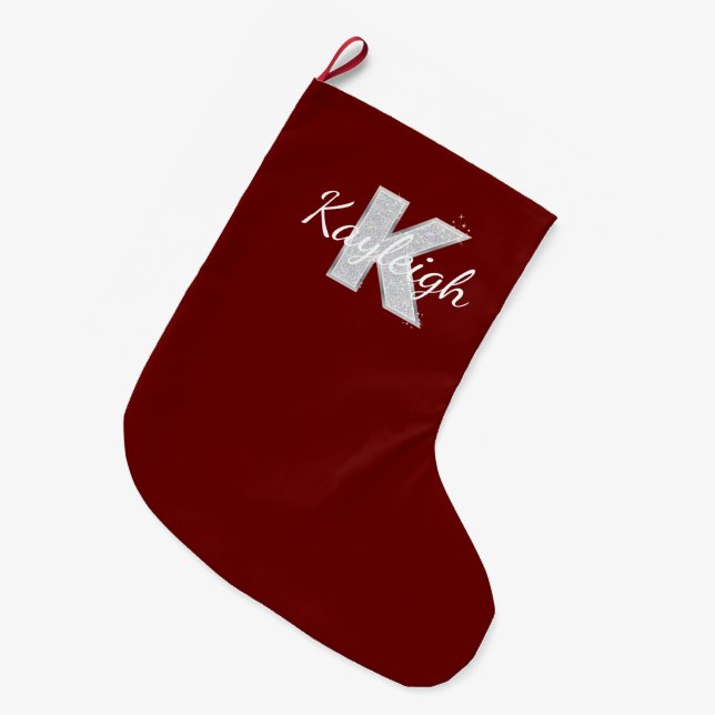 Red Silver Glitter letter K Large Christmas Stocking (Front (Hanging))