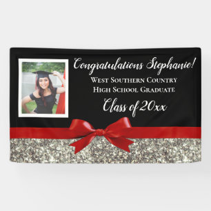 Red Silver Glitter Photo Graduation Banner Sign