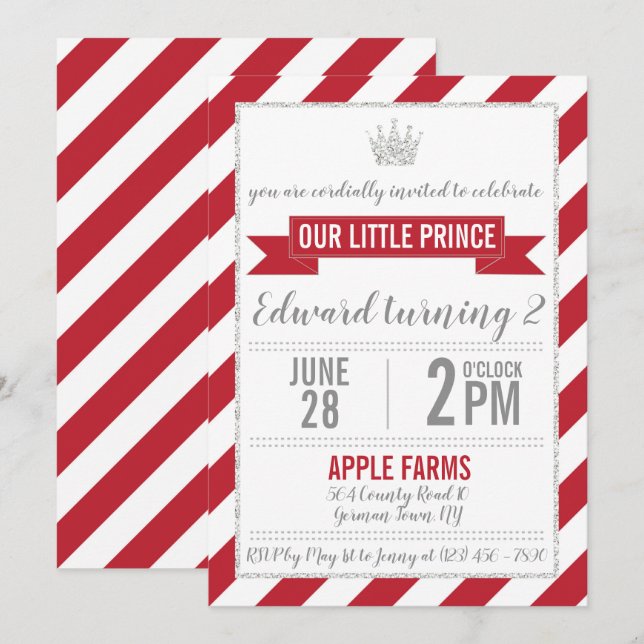 Red Silver Glitter Prince Birthday Invitation (Front/Back)
