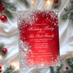 Red & Silver Glitter Snowflake Holiday Party Invitation