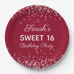 Red Silver Glitter Sweet 16 Birthday Party Paper Plate