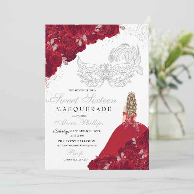 Red & Silver Glitter Sweet 16 Masquerade Invitation (Standing Front)