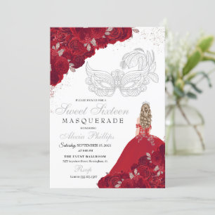 Red & Silver Glitter Sweet 16 Masquerade Invitation
