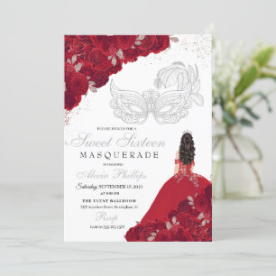 Red & Silver Glitter Sweet 16 Masquerade Invitation