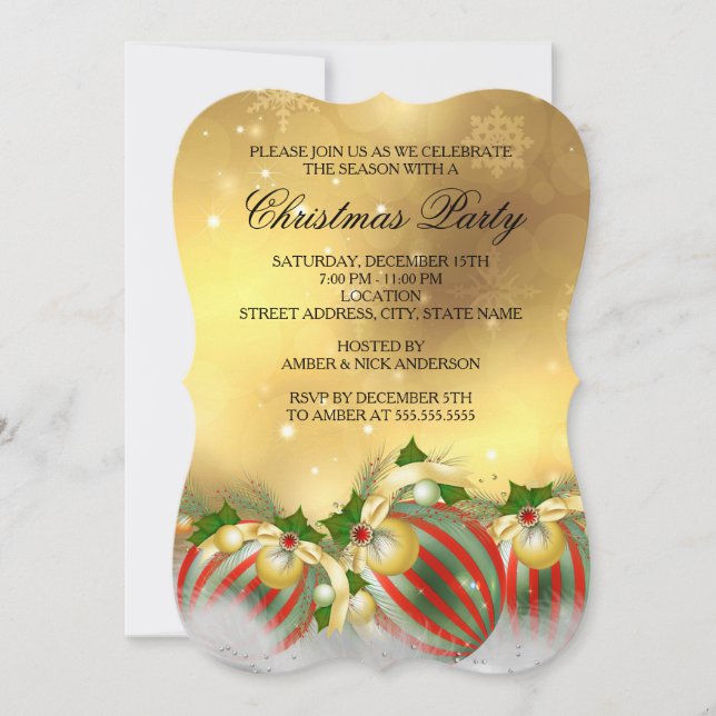 Red Silver Gold Holly Baubles Christmas Party Invitation (Front)