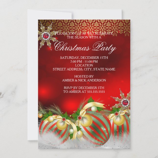 Red Silver Gold Holly Baubles Christmas Party new2 Invitation (Front)