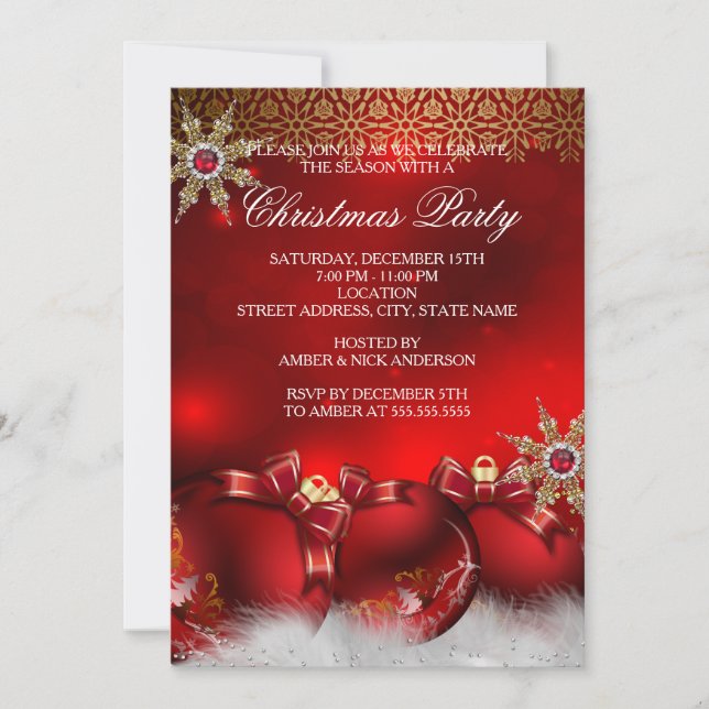 Red Silver Gold Holly Baubles Christmas Party new4 Invitation (Front)