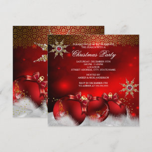 Red Silver Gold Holly Baubles Christmas Party new4 Invitation