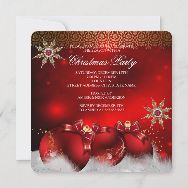 Red Silver Gold Holly Baubles Christmas Party new4 Invitation (Front)
