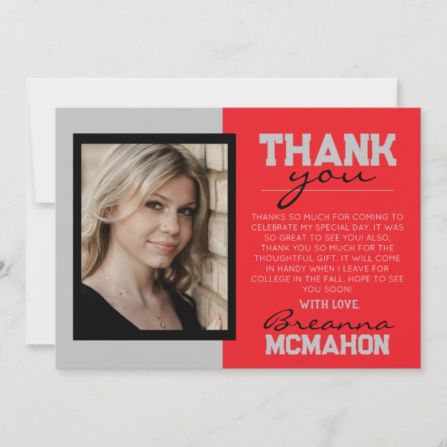 Red & Silver Graduation Photo Thank You Card (Front)