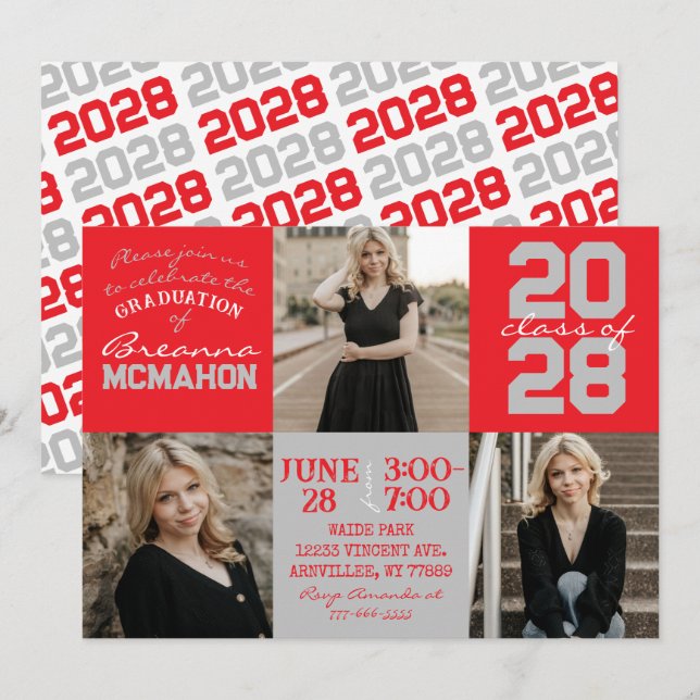 Red & Silver Grey 3 Photo Graduation Invitation (Front/Back)