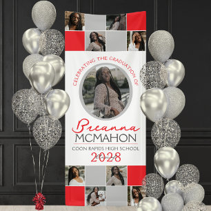 Red & Silver Grey 9 Photo Collage Graduation Vinyl Banner