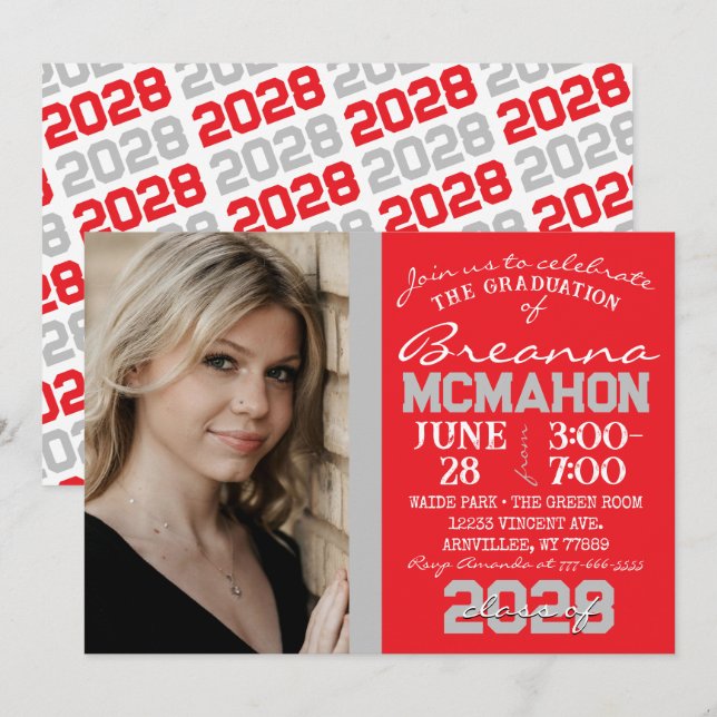 Red & Silver Grey Graduation Photo Invitation (Front/Back)
