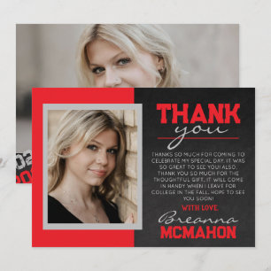 Red & Silver Grey Graduation Photo Thank You Card