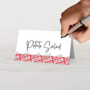 Red & Silver Grey Graduation Year Folding Food or Place Card