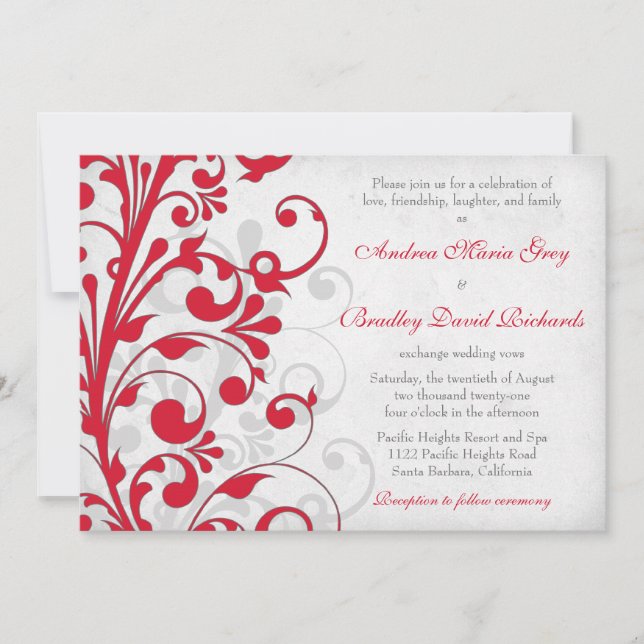 Red Silver Grey Grey Floral Wedding Invitation (Front)