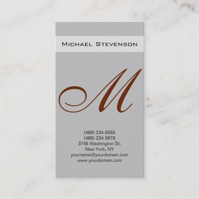 Red Silver Grey Script Monogram Business Card (Front)
