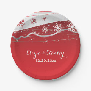 Red, silver grey snowflake modern wedding paper plate
