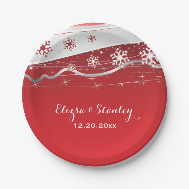 Red, silver grey snowflake modern wedding paper plate (Front)