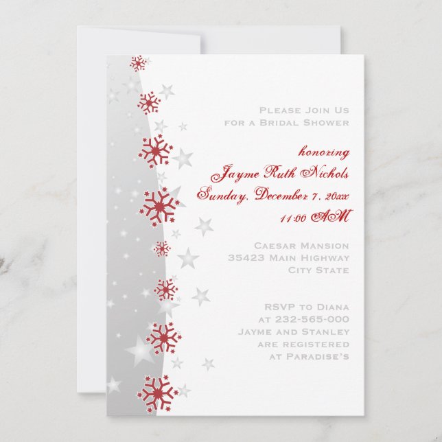 Red silver grey snowflake wedding bridal shower invitation (Front)
