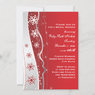 Red, silver grey snowflake wedding bridal shower invitation