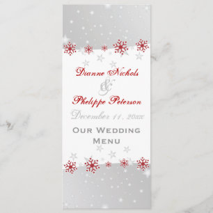 Red silver grey snowflake wedding menu card