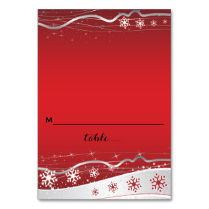 Red, silver grey snowflake wedding place card