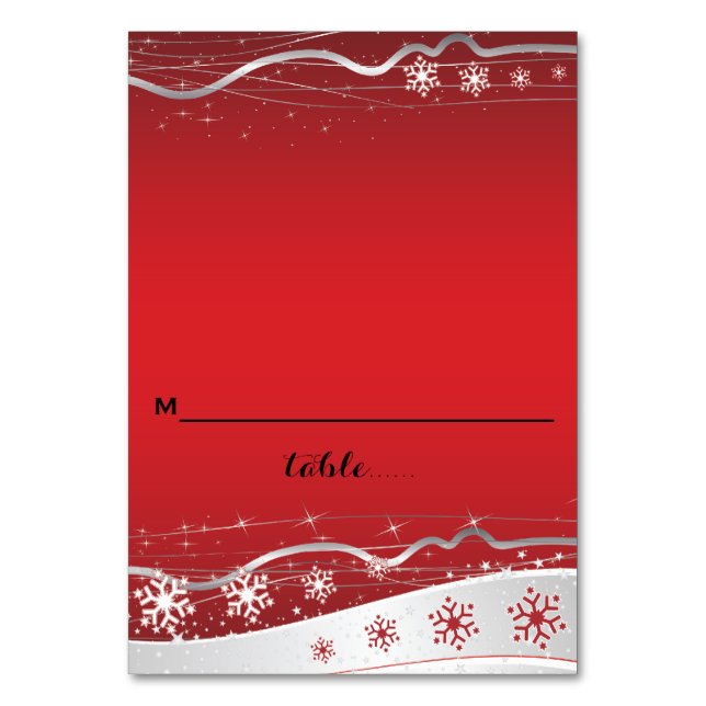 Red, silver grey snowflake wedding place card (Front)