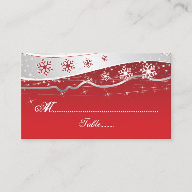 Red, silver grey snowflake wedding place card (Front)