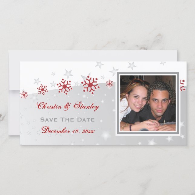 Red silver grey snowflake wedding Save the Date (Front)