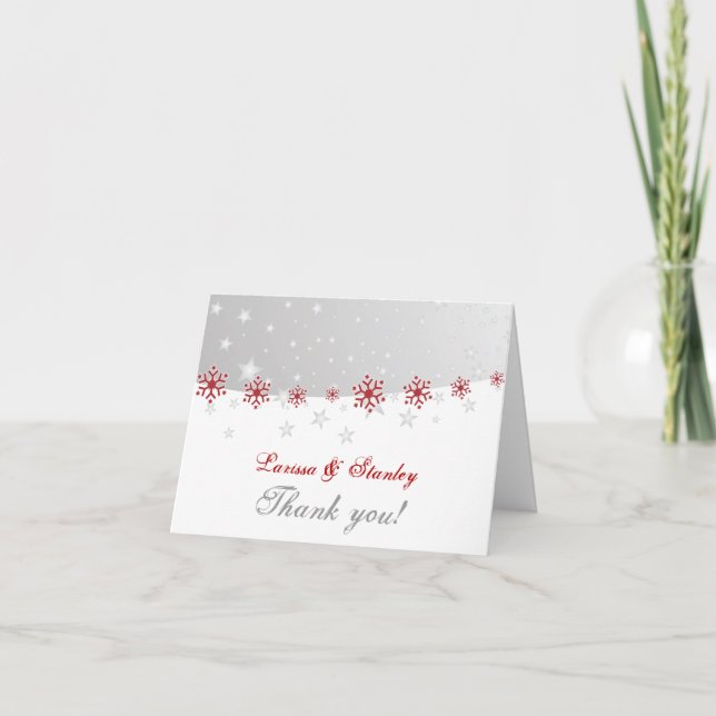 Red silver grey snowflake wedding Thank You photo (Front)