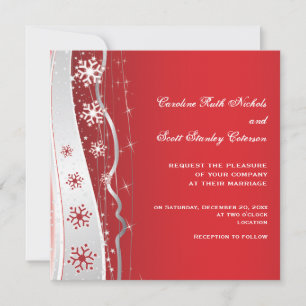 Red, silver grey snowflake winter wedding invitation