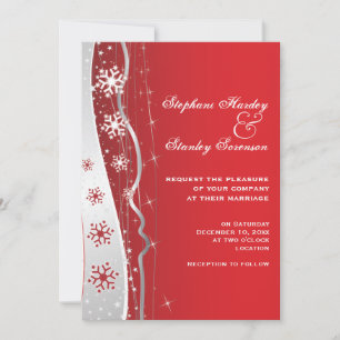 Red, silver grey snowflake winter wedding invitation