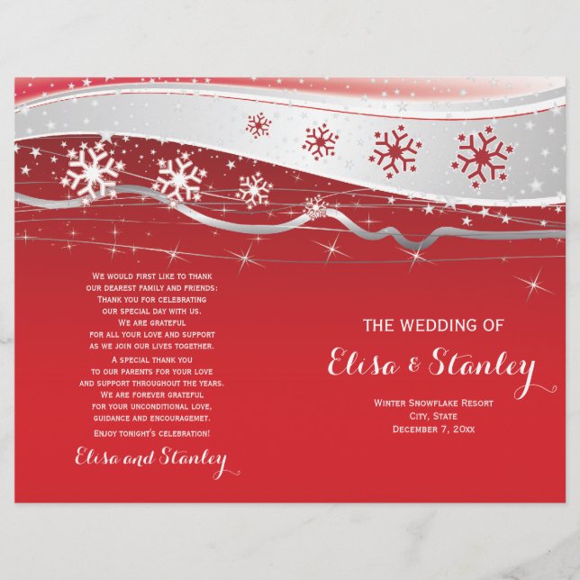 Red, silver grey snowflakes folded wedding program (Front)