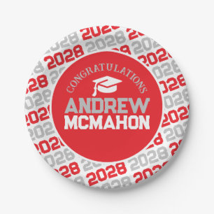 Red, Silver Grey & White Graduation Personalised Paper Plate