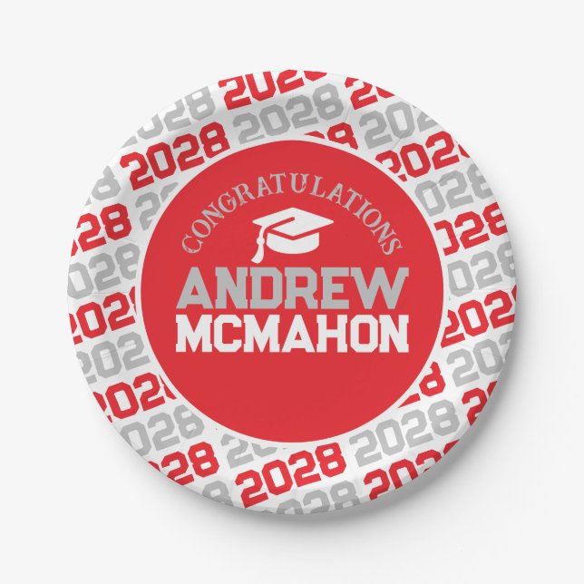 Red, Silver Grey & White Graduation Personalised Paper Plate (Front)