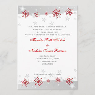Red silver grey white snowflake wedding invitation