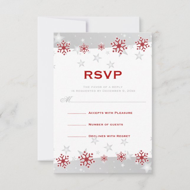 Red silver grey white snowflake wedding RSVP Card (Front)