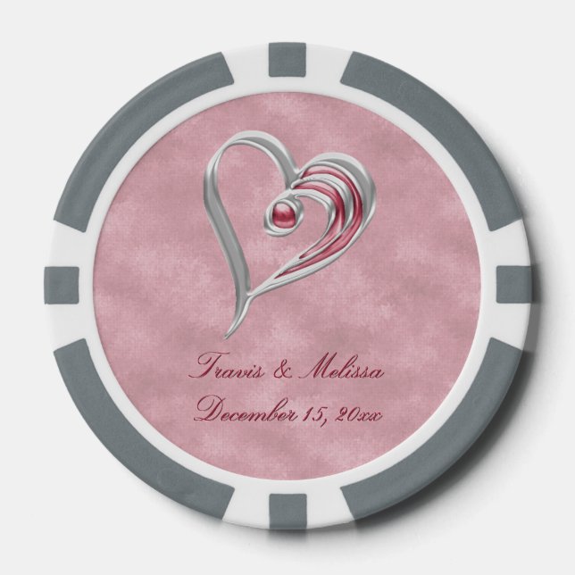 Red Silver Heart 2 Your Name Wedding Favours Poker Chips (Front)