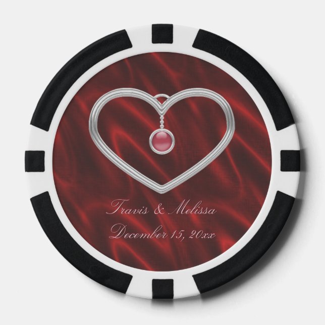Red Silver Heart 3Your Name Wedding Favours Poker Chips (Front)