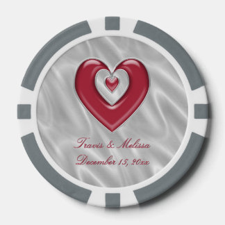 Red Silver Heart Your Name Wedding Favours Poker Chips