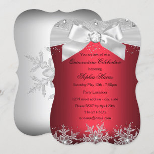 Red Silver Jewel Bow Snowflake Quinceanera Invitation