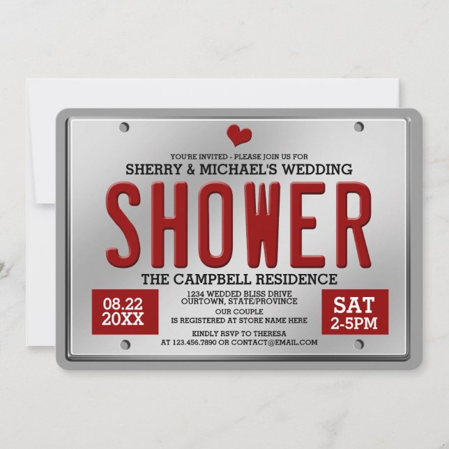 Red/Silver License Plate Wedding Shower Invitation (Front)