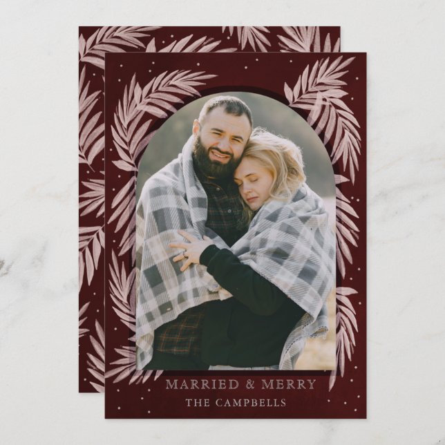 Red Silver Merry Arch Botanical Holiday Card (Front/Back)