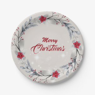Red, Silver Merry Christmas Wreaths Paper Plate