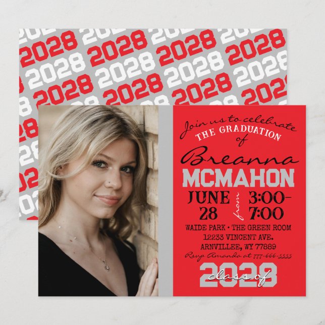 Red & Silver Modern Graduation Photo Invitation (Front/Back)