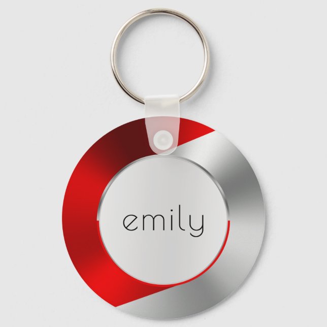 Red & Silver Modern Metallic Geometric design Key Ring (Front)
